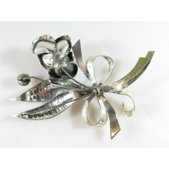 Large 4" Sterling Silver Flower Spray Brooch Ribbon Bow Handwrought Repair - Picture 3 of 13